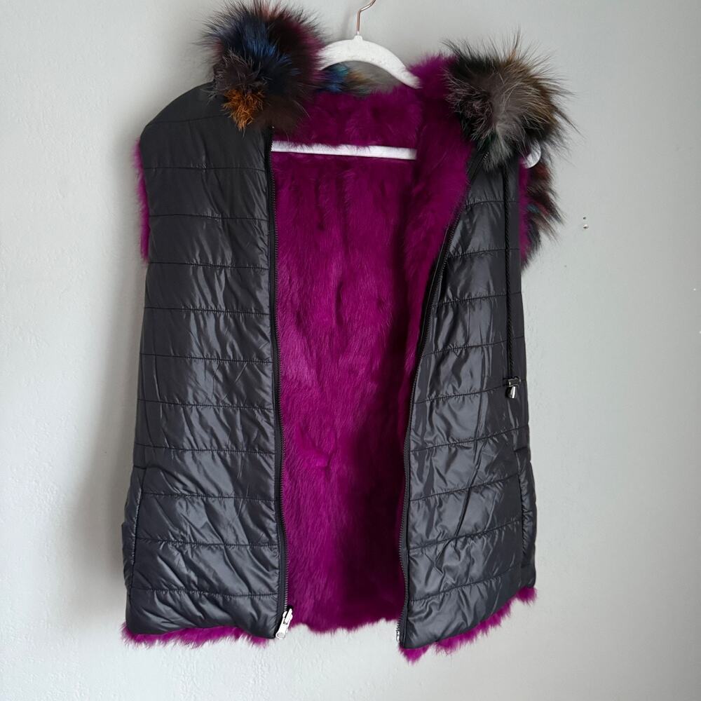 Adrienne Landau Fur & Puffer Hooded Vest Rabbit Fur with Fox Fur Trim Reversible